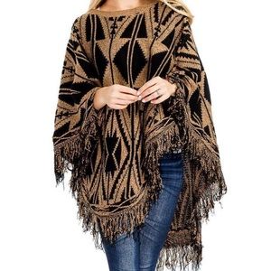 Almond/black thick tribal print neckline poncho